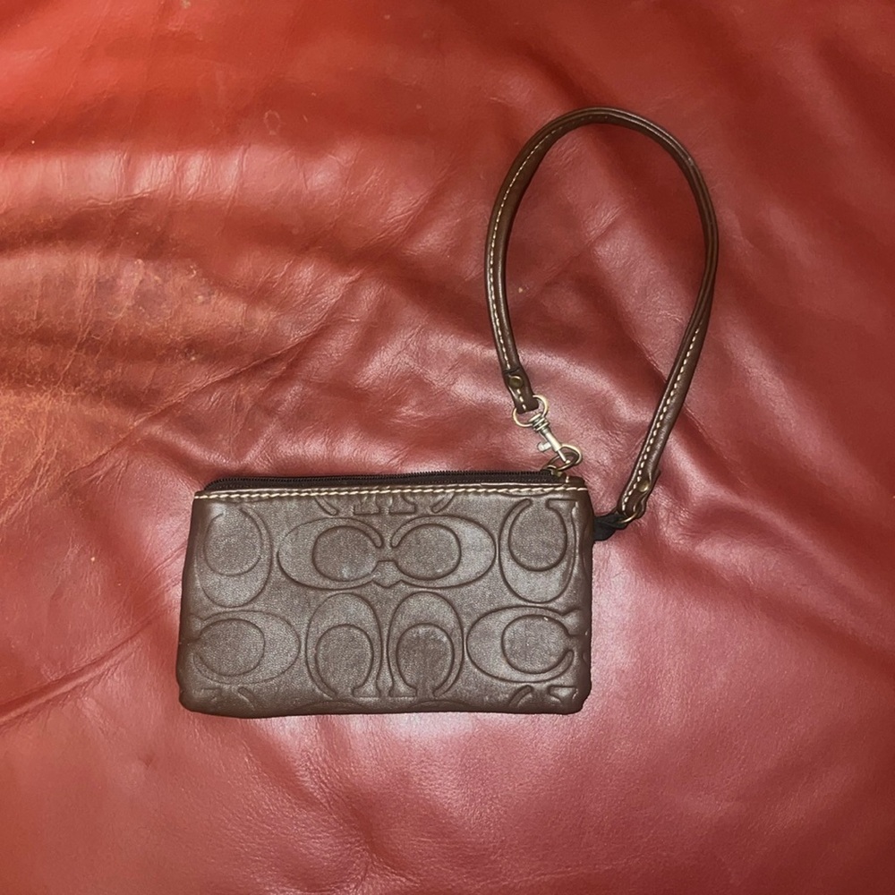 COACH Authentic Chocolate Brown Monogram Wristlet with Hangtag and Dustbag
